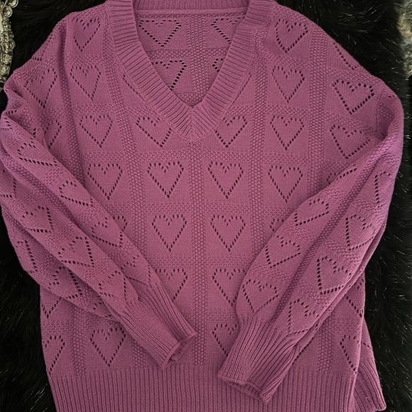 Source Unknown Sweaters - Women V Neck Sweater Crochet Long Sleeve Knit Pullover Heart Shape